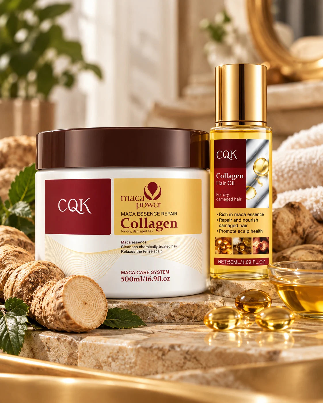 Kit Reparador CQK: Mascarilla + Aceite Capilar de Colágeno
