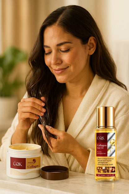 Mujer aplicando la Mascarilla de Colágeno CQK con el Aceite Capilar CQK
